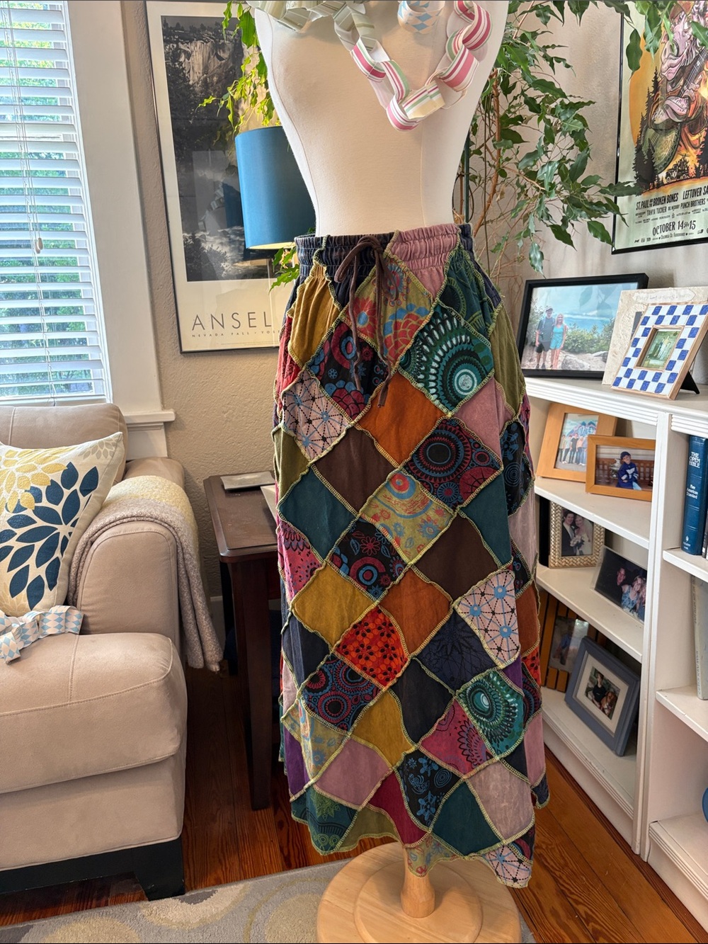 Bohemian Patchwork Maxi Skirt - Multi Color Madras Ethnic S Cotton Festival 70's